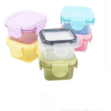 Un ensemble de six mini boîtes de rangement hermétiques et épaisses de qualité alimentaire, adaptées aux enfants et à un usage domestique, comprenant des pots à confiture.