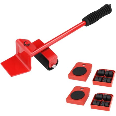 Un juego de 5 piezas para mover objetos pesados, que incluye herramientas para facilitar el transporte y accesorios rojos para el traslado.