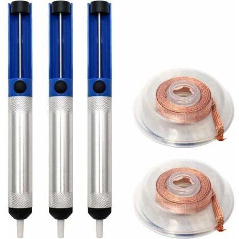 Un kit dissaldante completo che include una pompa, 3 fili dissaldanti e 2 trecce dissaldanti: uno strumento pratico per riparazioni elettroniche e dissaldature efficienti.