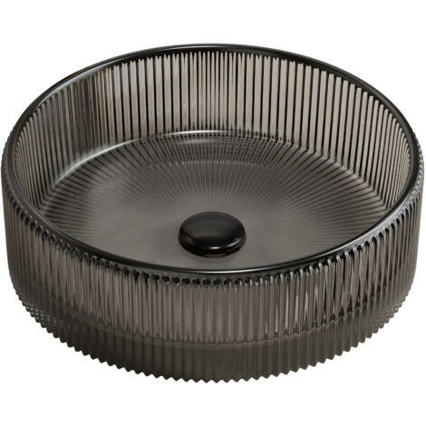 Un lavabo rond en cristal de 36 cm de diamètre, sans robinet, noir transparent.