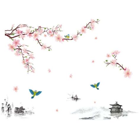 Un lot de Stickers Muraux fleurs oiseaux paysage Autocollant Décoratif, Décoration murale pour Chambre Salle de Bain salon bureau