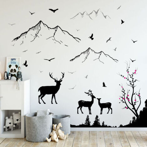 Un lot de Stickers Muraux motif cerfs oiseaux montagnes autocollant mural créatif Amovible pour Chambre Salon Decoration