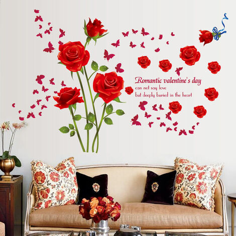 Un lot de Stickers Muraux roses rouges romantiques Autocollants Muraux décoration murale pour salon Chambre cuisine bureau