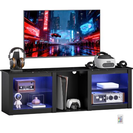 Un meuble TV avec éclairage LED, adapté aux téléviseurs jusqu'à 65 pouces (160 cm), doté d'étagères en verre réglables et de couleur noire.