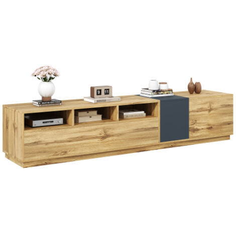 Un meuble TV moderne aux couleurs contrastées. Au design épuré et contrasté. Avec des étagères ouvertes et des passages pour les câbles. 200 cm
