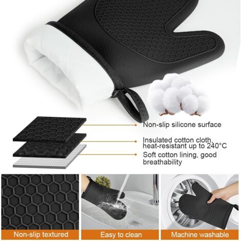 Un par de guantes de cocina negros, guantes de silicona resistentes al calor hasta 230 °C, guantes antideslizantes para horno, guantes de cocina, guantes para microondas, guantes para asar, guantes pa