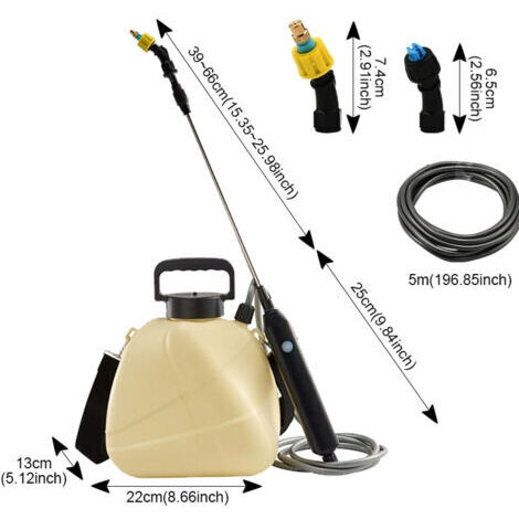 Un pulvérisateur électrique de 5 litres alimenté par batterie avec une poignée rechargeable, une poignée télescopique de 91 cm, 3 buses et une bandoulière réglable (jaune).