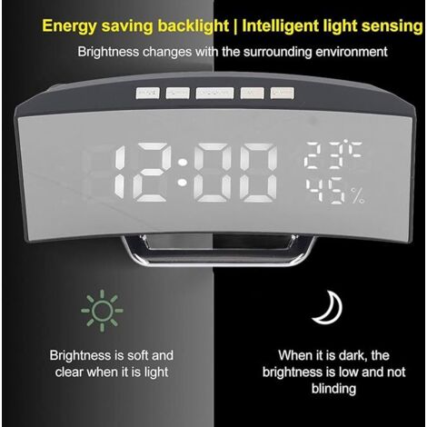 Un reloj digital con sensor de luz inteligente, pantalla de doble modo y un moderno diseño curvo, que incluye una esfera LED y un indicador de temperatura ambiente.