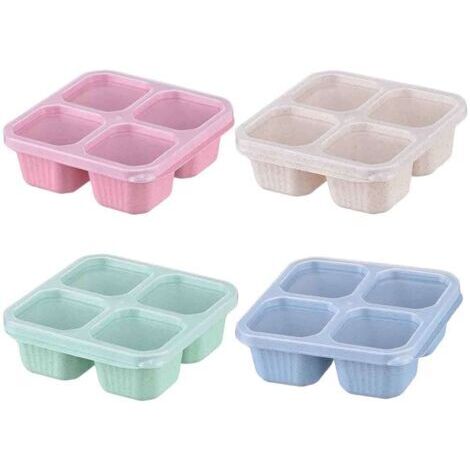Un set di 4 vassoi a quattro scomparti, perfetti per contenere frutta, snack, dolci e pranzi al sacco, ideali per viaggi e picnic.