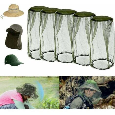 Un set di 5 zanzariere, tra cui una rete per la testa, una rete per il cappello da pescatore e una rete da apicoltore (verde).
