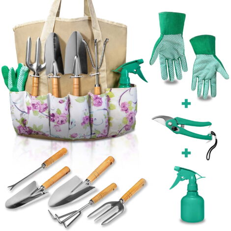 Un set di 9 attrezzi da giardinaggio, comprensivo di borsa porta attrezzi e guanti, un set di robusti attrezzi manuali da giardinaggio, un regalo ideale per le mamme appassionate di giardinaggio.
