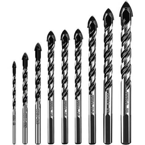 Un set di 9 punte da trapano, in vari materiali, con diametri di 3/4/5/6/6/8/10/12 mm, adatte per forare materiali come piastrelle di ceramica, ceramica, mattoni
