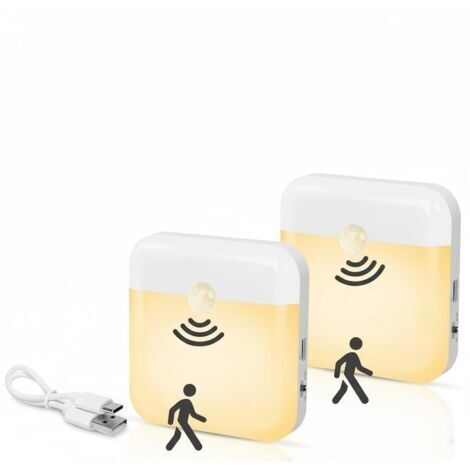Un set di due luci notturne a LED ricaricabili con sensori di movimento per l'accensione automatica e fissaggio magnetico, che offrono una luce confortevole per le camerette dei bambini e i corridoi.