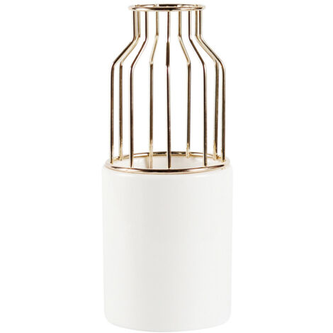 Un vase en céramique blanche et fer forgé, pot de fleurs de table avec support en fer, petit pot de fleurs, idéal pour la décoration de mariage, doré.