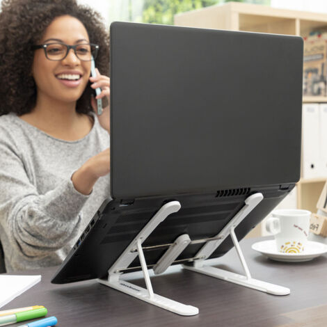 Un versÃ¡til y adaptable soporte plegable para el ordenador portÃ¡til con superficie de apoyo antideslizante, extensible y regulable en altura y anchu