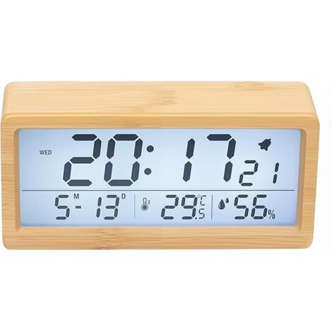 Una sveglia digitale intelligente con ampio schermo LCD e un orologio da tavolo digitale con indicatori di temperatura, umidità e retroilluminazione.