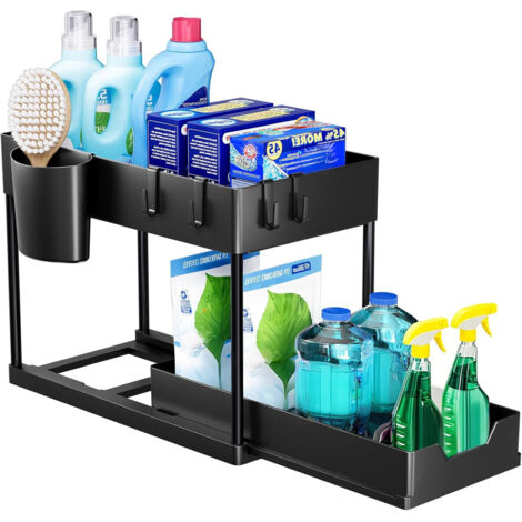 Under-Cabinet Shelf, Two-Tier, Multifunctional Kitchen and Bathroom Rack, Black Tabletop Holder