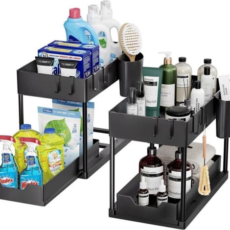 Under-sink organizer, kitchen storage, 2-tier storage unit with 5 hooks and 1 hanging sink, black