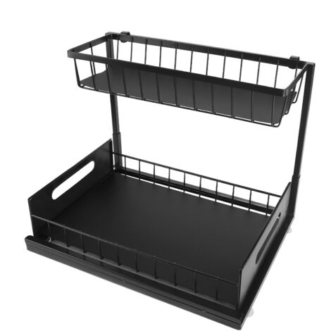 Under Sink Organizer L Shape 2 Tier Slide Out Sink Shelf for Under Kitchen Bathroom Sink Organizers and Storage Black