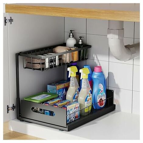 Under Sink Storage, 2 Tier Sliding Cabinet Organizer, Multi-Purpose for Kitchen and Bathroom Under Sink Storage and Organization (Black)