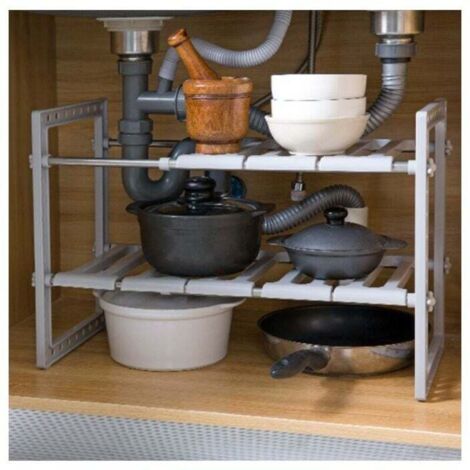 Under Sink Storage Shelf - Stainless Steel and PP Plastic - Extendable Organizer Rack - Extendable Storage Shelf with 8 Removable Panels - Gray