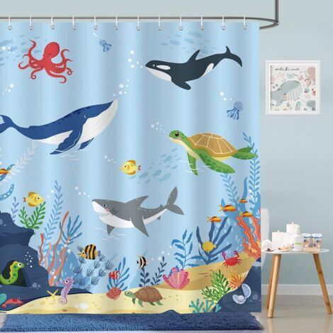 Underwater Ocean Blue Shower Curtain - Fish and Dolphin Design for Children - Waterproof, Washable, Anti-Mold Polyester Fabric - Bathroom 180 x 180 cm with 12 Hooks