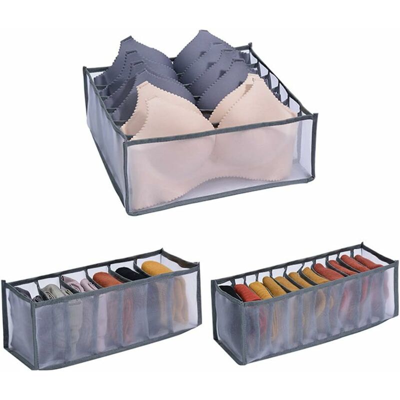 Underwear Drawer Organizers, 3 Pack Non-Woven Foldable Storage Box Closet Organizers for Bras, Socks, Scarf Dividers(Grey)