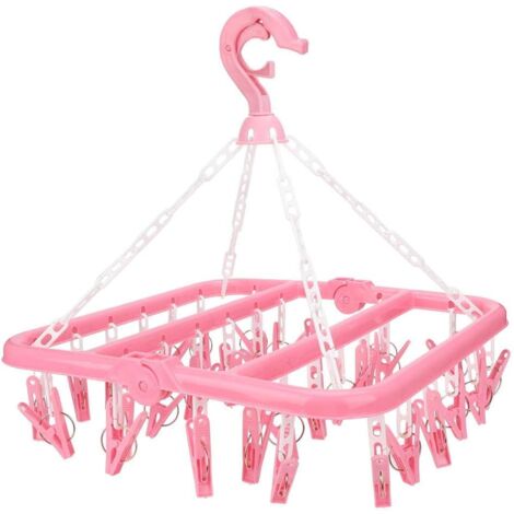 Underwear Hanger with 32 Clips Hanging Clothes Rack Foldable Plastic Clothespin Drip Drying Hanger for Socks Bras Lingerie Clothes(Pink)