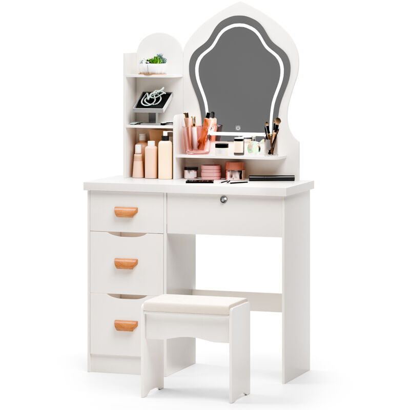 FLASIDU - Une coiffeuse avec éclairage LED, un miroir LED en forme d'étoile, une couleur de lumière réglable, un tabouret, quatre tiroirs, trois