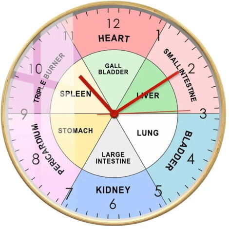 Une horloge murale de style moderne inspirée de l'horloge biologique des organes internes en médecine traditionnelle chinoise.