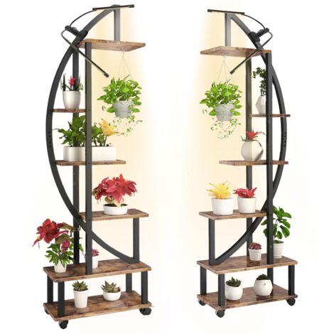 Une paire 6 Niveaux Étagères Plantes en Bois et Métal avec Roues, 2 Lampes de Croissance Intégrée, Design Demi-Lune & Roulettes Amovibles pour Balcon/Jardin