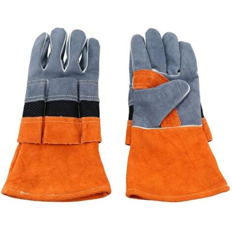 Une paire de gants isolants et ignifugés en cuir de vachette, de couleur orange, pour le camping, les barbecues et autres activités de plein air. - AquaForge