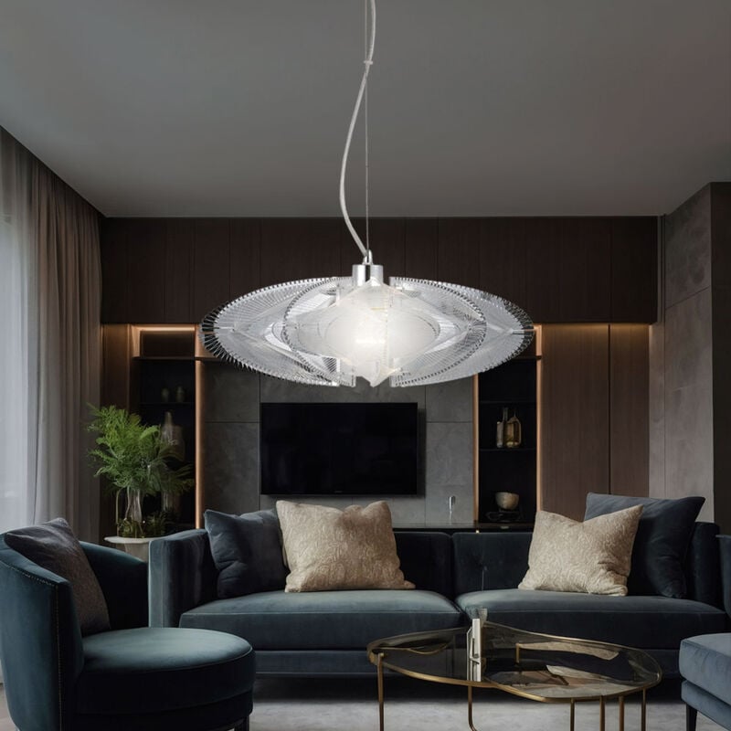 Suspension chrome lampe suspendue salle à manger salon plafonnier rond soie, métal plastique, 1x E27, DxH 50x150 cm