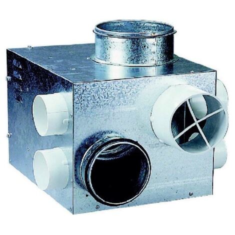 Unelvent – Caisson VMC GAZ pour extraction de combustion chaudière gaz – 1 piquage aspiration D 125 mm avec joint – 4 piquages D 80 mm – Refoulement D 160 mm