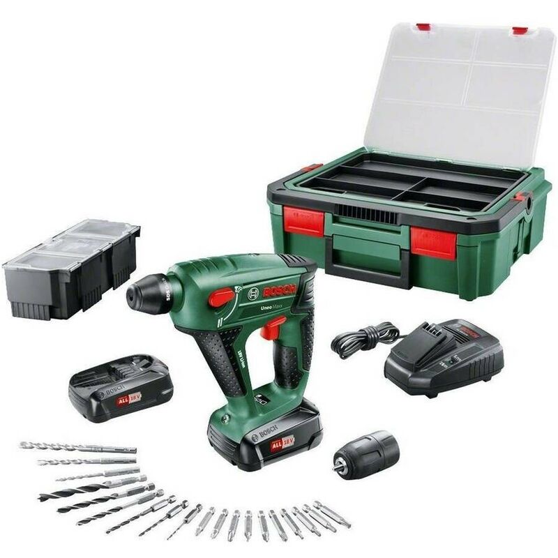 

Bosch 060395230K Martillo perforador a batería 3 en 1 Uneo Maxx 18V + 148 acc + 2 batería 1,5Ah + cargador + Systembox