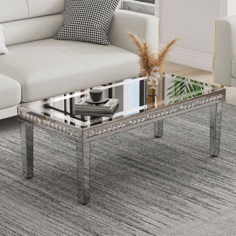 UNHO 120 x 60cm Large Silver Mirrored Coffee Table with Crystal Inlay Rectangle Glass Tea Table