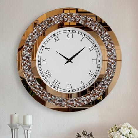 UNHO 80cm Large Contemporary Round Glass Wall Clock Crystal Diamond Inlay - Tawny