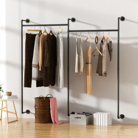 UNHO Armario Abierto para Ropería Perchero de Pared de Tubo Ajustable de Estilo Industrial, 205 x 26 x 190 xm, Negro