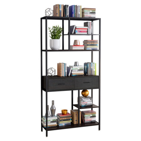 Unho – Bibliothèque industrielle en MDF et fer noir 90x30x180cm – 2 tiroirs – Rangement salon et décoration moderne