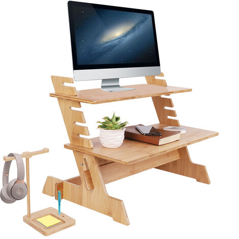 Unho – Bureau debout réglable en bambou – 6 niveaux de hauteur – Support d'écran et rangement pour écouteurs – Dimensions 66x46x48cm