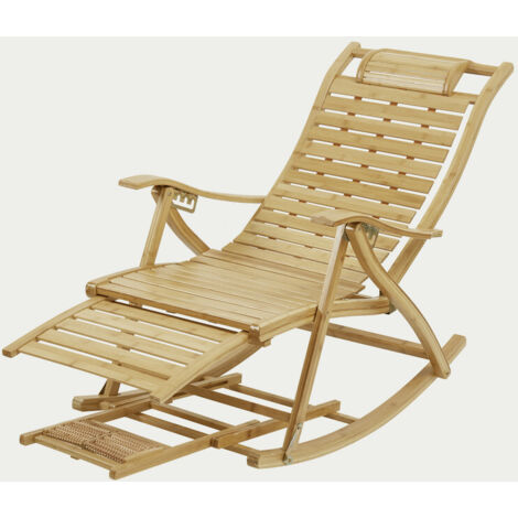 Unho – Chaise longue à bascule en bambou pliant – Accoudoirs ergonomiques – Repose-pieds escamotable – Rouleaux de massage pour bien-être