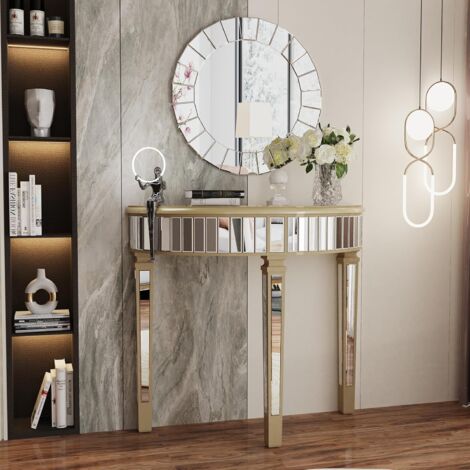 Unho – Console meuble d'entrée en verre miroir – Table console design 90x35x80,5 cm – Finition argentée et or – Meuble d'appoint élégant