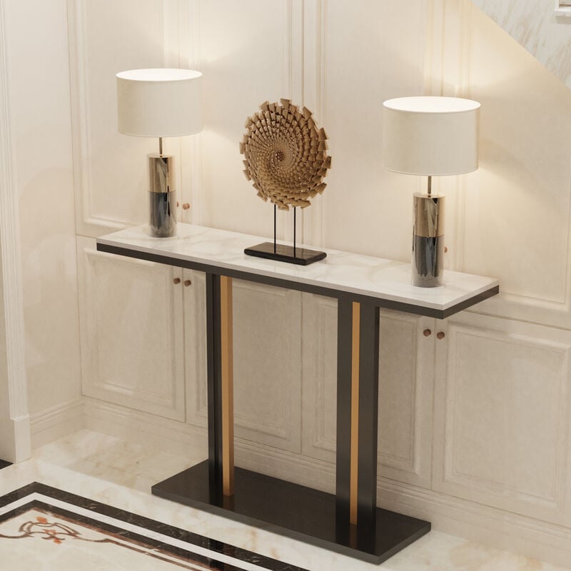 Console Table Marbel Table Modern Sofa Entryway Table Metal Frame Sturdy For Living Room Hallway, White - Unho