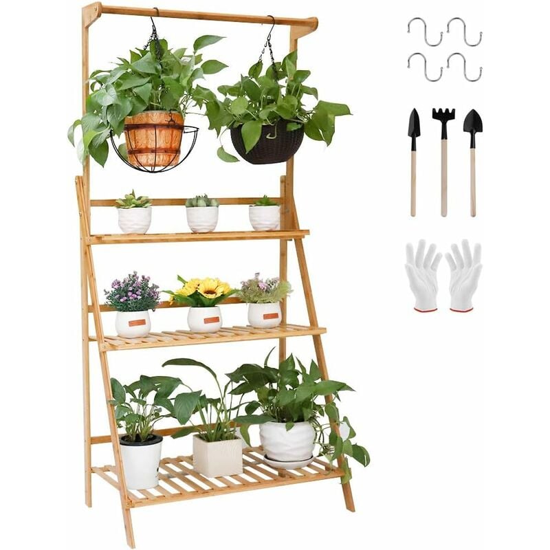 

Estantería para Macetas de Bambú UNHO, Escalera para Flores Plantas con 3 Niveles y Barra de Colgar Soporte para Macetas Exterior Interior Jardín 70