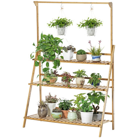 Unho – Étagère à plantes en bambou 3 étages – 100x40x96cm – Hauteur réglable – Pour intérieur et extérieur – Design pliable élégant