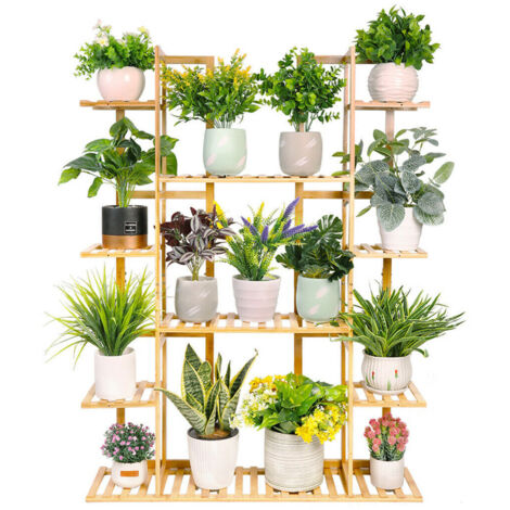 Unho – Étagère à plantes en bambou 9 niveaux 123x89x19.5cm – Support pot de fleurs vertical – Charge max 95kg – Installation simple