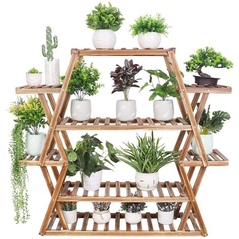 Unho – Étagère à plantes en bois de pin massif – 9 niveaux – Capacité de charge 60kg – Design triangulaire pour stabilité – 105.5x95x25cm – Marron carbonisé