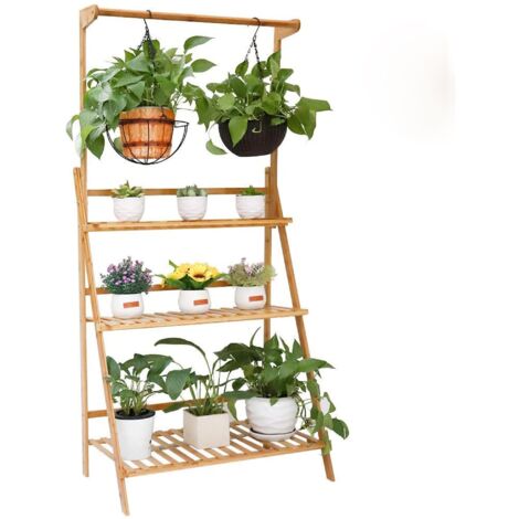 Unho – Étagère échelle en bambou 3 étages – 70x40x96cm – Porte plantes intérieur/extérieur avec tige pour pots suspendus – Hauteur réglable
