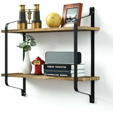 Unho – Étagère murale industrielle flottante en bois et fer – 2 niveaux 61x15cm – Charge 22 lb – Installation facile pour salon et bureau