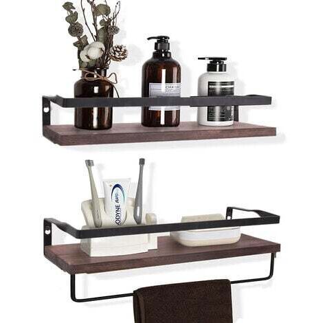 Unho – Lot de 2 étagères murales flottantes en bois et fer – 40x15x7.5cm – Capacité de charge 10kg – Avec porte-serviette inclus